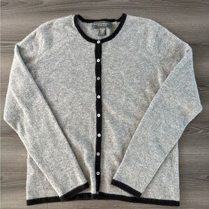 Cashmere Gray Button-Up Cardigan with Black Trim